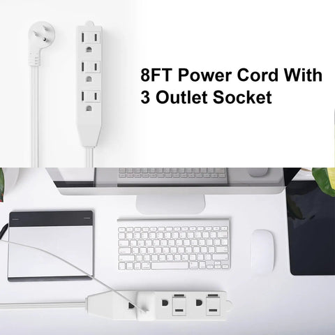Flat Plug Extension Cord 8 Foot 2 Pack With 3 Prong Grounded Indoor Power Cable, Space Saver Slim Low Profile Angle Plug Design For Narrow Spaces, Three Outlets From One Socket UL Listed shown on a desk setup