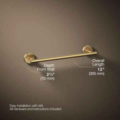 Elate 12-Inch Towel Bar In Vibrant Brushed Moderne Brass, easy installation guide and dimensions displayed on wall background
