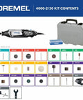 Corded Rotary Tool Kit With Variable Speed 5000 To 35000 RPM, 4000 Series High Performance Motor, Includes 30 Accessories And 2 Attachments In Durable Storage Case For Grinding Sanding Engraving And Detail Work, displayed with case and accessories.
