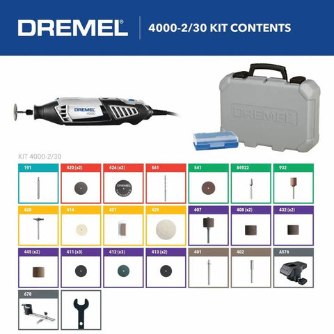 Corded Rotary Tool Kit With Variable Speed 5000 To 35000 RPM, 4000 Series High Performance Motor, Includes 30 Accessories And 2 Attachments In Durable Storage Case For Grinding Sanding Engraving And Detail Work, displayed with case and accessories.