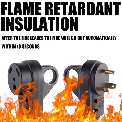 Hardworking 30 Amp Male Rv Replacement Plug With 125V Pull Handle And Strain Relief Built From Heavy Duty Abs in fire retardant insulation.