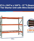 Heavy Duty Teardrop Pallet Rack 48Dx144Wx144H Three Tier Industrial Warehouse Storage with Wire Decking and 7160 lbs capacity.
