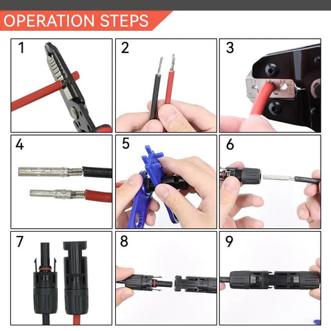 Step-by-step guide for using the Pro Grade Solar Panel Crimping Tool Kit with Crimper, Stripper, 8 Pairs Solar Connectors, and Spanner Wrench.