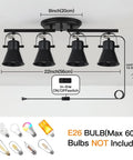 Plug In Four Light Track Lighting Fixture In Industrial Black With Long 14.7 Foot Wire installed with dimensions shown