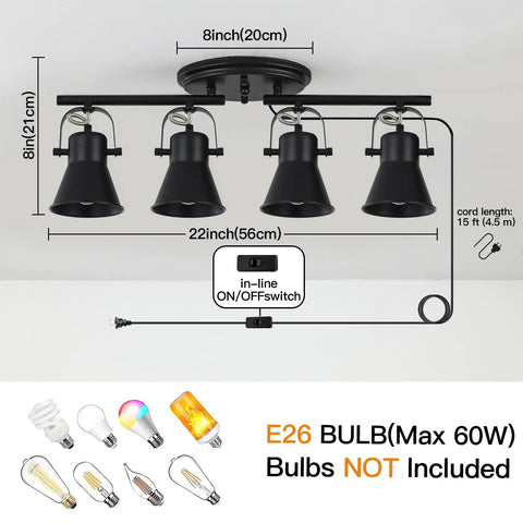 Plug In Four Light Track Lighting Fixture In Industrial Black With Long 14.7 Foot Wire installed with dimensions shown