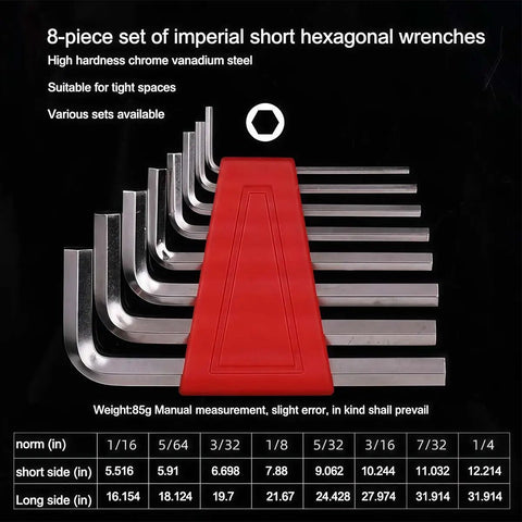 8-Piece Ball Head Hex Key Set With L-Shaped Allen Wrenches, Red Holder displayed in imperial measurements.