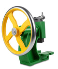 Beefy Professional Grade Manual Arbor Press Machine Anchored By A Solid Cast Iron Base Desktop Punch Stamping Tool with yellow wheel.
