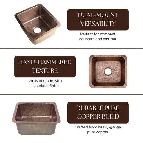 Pure Copper Kitchen And Bar Sink With Hand Hammered Finish 17 Inch Highball Dual Mount Drop In Or Undermount Deep Rectangular Bowl images