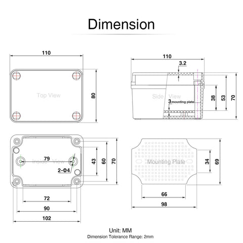 Junction Box With Mounting Plate For DIY Projects Clear Cover Plastic Enclosure IP67 Waterproof Dustproof 110x80x70mm 4.3x3.1x2.8 Inches Ideal For Home And Workshop dimension drawing