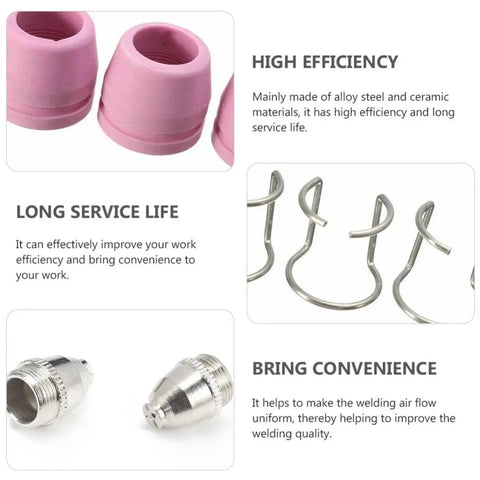 Premium Plasma Cut Torch Tips Nozzle Consumables Kit For Heavy Duty Cutting Jobs Fits Pl60 Series Soldering Tools close-up of pink ceramic nozzles and metal parts