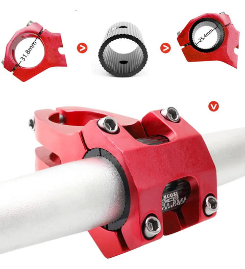 Heavy Duty Aluminum Bike Handlebar Shim 25.4 To 31.8 Mm Reducer Spacer Kit, red wavy design showing installation on stem and bar.