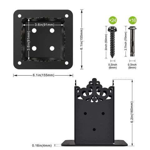 Beefy 4x4 Post Base Brackets Set Four Pieces with screws and dimensions, heavy duty 2mm steel frame with 4mm base, black powder coated