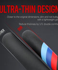 Comparison of ultra-thin BMW Nappa Leather Steering Wheel Cover Slim Fit with Three Color Stripe Design and standard cover.