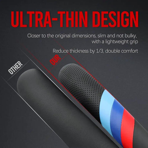 Comparison of ultra-thin BMW Nappa Leather Steering Wheel Cover Slim Fit with Three Color Stripe Design and standard cover.