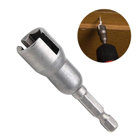 Hex Shank Socket Driver Adapter For Drills And Power Tools Heavy Duty Long Lasting Workhorse Bit Extension shown in use on wood
