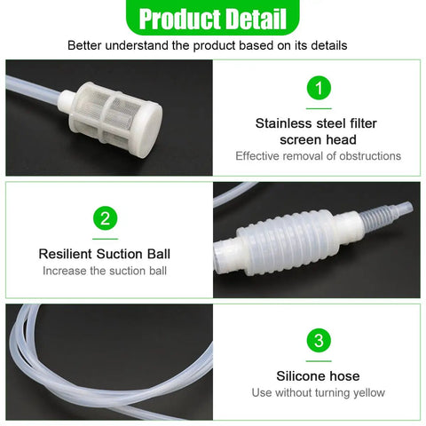 Silicone Siphon Pump And Flexible Transfer Hose Makes Quick Work Of Fluid Extraction Includes Built In Filter Clip Totally Hassle Free For Diesel Gasoline And Engine Oil Handling Every Garage Job Like A Charm, showing filter screen head, suction ball, and silicone hose.