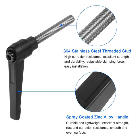 Top Shelf Two Pack Black Clamping Lever Handles With M8 Thread And Snappy Quick Release Button For Fast Machine Setup And Solid Workpiece Holding, showing corrosion-resistant stainless steel stud.