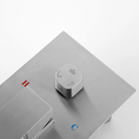 Shower System Combo with Hand Shower and Tub Spout control panel featuring symbols for temperature and water flow settings, brushed nickel finish.