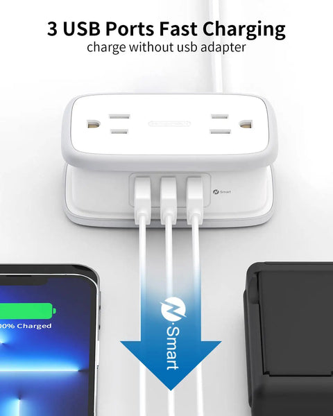 2 Pack Travel Power Strip With USB Ports 4 Outlets And 3 USB 4 Ft Short Extension Cord showing fast charging setup