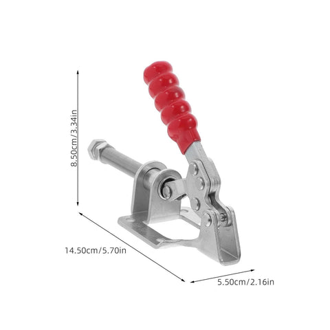 Heavy Duty Toggle Clamps 4 Pack Quick Release Push Pull Workholding Fixtures For Woodworking Carpentry And DIY Projects Horizontal Clamp Set For Fast Secure Fixture On Benchtop Portable And Easy To Use, showing detailed view of metal toggle clamp with red handle and measurement dimensions.