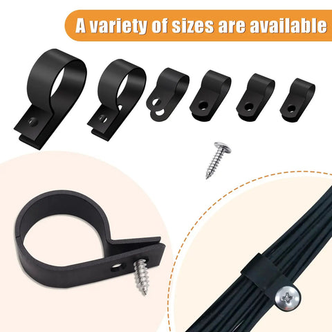 R Type Nylon Cable Clips Kit With Screws 222Pcs Wire Clamps Assortment in 6 sizes with cable and screw detail