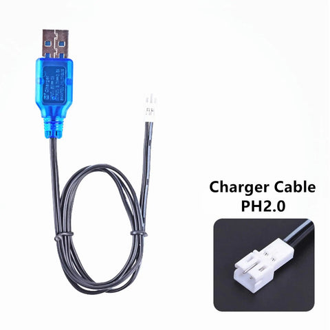Dope 3.7V USB Charger Cable For 1S LiPo RC Batteries With PH2.0 Connector 63mm Length shown with blue USB plug