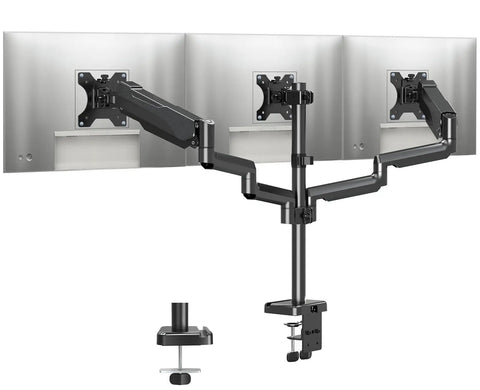 Triple Monitor Desk Mount For Up To 27 Inch Screens, Heavy Duty Arm System With Each Arm Holding 4.4 To 19.8 Lbs, Vesa 75x75 And 100x100 Compatible, Fully Adjustable Triple Monitor Stand For Your Desktop Rig, Black