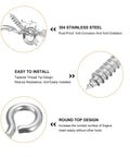 Top Shelf 304 Stainless Steel Eye Screws showcasing rust-proof and easy installation features in detailed diagrams.