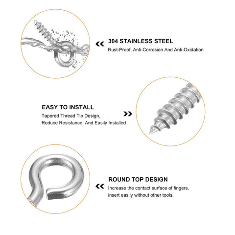 Top Shelf 304 Stainless Steel Eye Screws showcasing rust-proof and easy installation features in detailed diagrams.