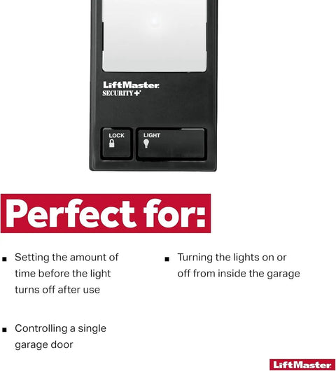 Wall Mounted Garage Door Opener With Lighting Control Wired Power Only No WiFi Needed Designed For Security Plus 2 Point 0 Openers Black Finish Easy Setup No Hassle Installation For Everyday Convenient Use, showing front view of black controller with lock and light buttons.