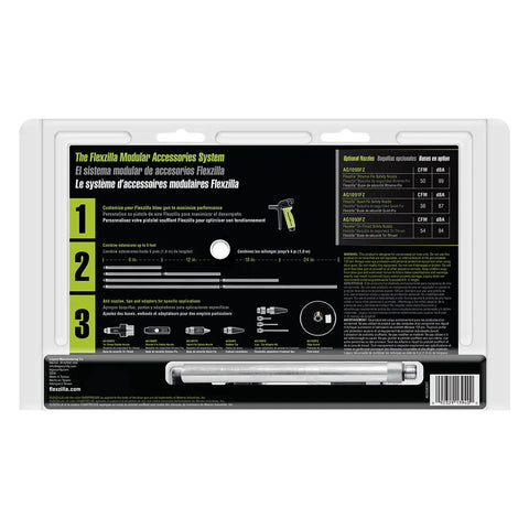 Packaging for Ergonomic 6 Piece Blow Gun Kit With Variable Flow Trigger For Precise Air Control instructions on black background