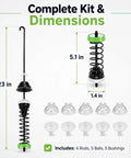 Heavy Duty Suspension Rod Kit For Top Load Washers with dimensions, includes 4 rods, 5 balls, and 5 bushings.