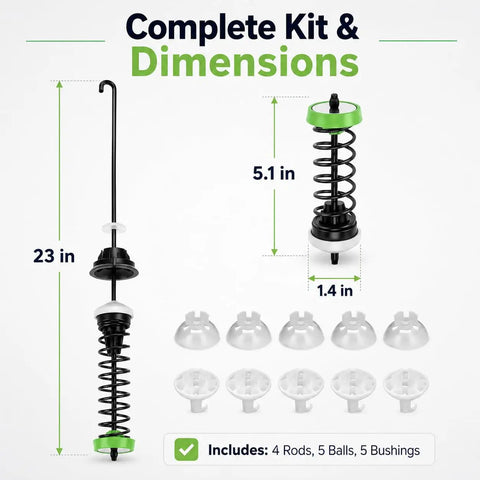 Heavy Duty Suspension Rod Kit For Top Load Washers with dimensions, includes 4 rods, 5 balls, and 5 bushings.