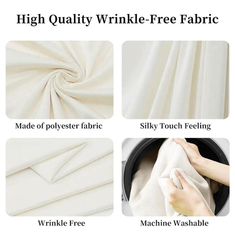 High quality wrinkle-free polyester fabric demonstrating silky touch, wrinkle-free sheets, and machine washable features.