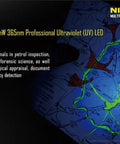 Image featuring a UV light map by Nitecore, highlighting 500mW 365nm Professional UV LED applications in various fields.