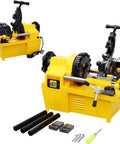 Heavy Duty 220 Volt Electric Pipe Threader Machine Real Workhorse For Cutting And Threading One Half To Two Inch Pipes With Self Oiling System For Quick Pro Jobs visible with tools and pipes.