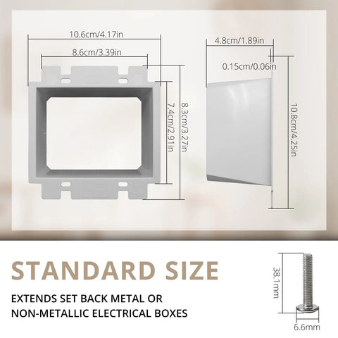 Illustration of a Two Gang Non Metallic Electrical Outlet Box Extender ETL Listed White Receptacle And Switch Box Extender Fire Rated For Two Hours Includes Mounting Screws 1 Pack with dimensions