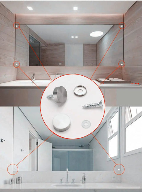 Slick Decorative Mirror Screws With Stainless Steel Caps And Solid Fasteners for a mirror installation in a modern bathroom.