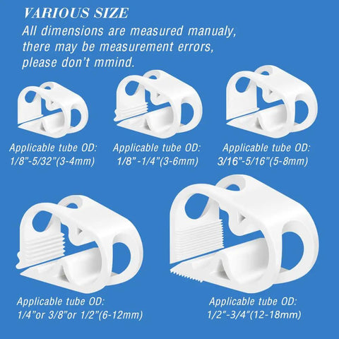 Various sizes of premium plastic tube clamps for 1/4 to 1/2 inch tubing, adjustable flow control hose clip for beer, water lines