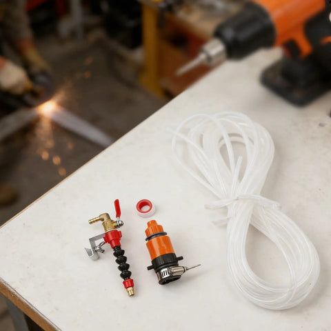 Killer Dust Removal System For Cutting Machines With Precision Water Spray Nozzle Kit And Ten Meter Hose, components on workbench.