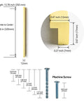 Diagram of 12 Pack Light Brushed Brass Tilted Drawer Pulls for Cabinets, Solid Aluminum Alloy Finger Pull Handles, with dimensions and screws.
