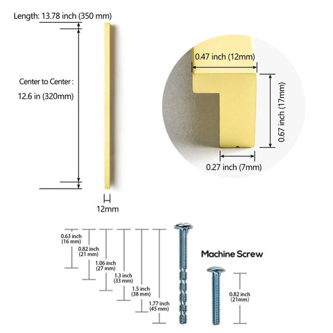 Diagram of 12 Pack Light Brushed Brass Tilted Drawer Pulls for Cabinets, Solid Aluminum Alloy Finger Pull Handles, with dimensions and screws.