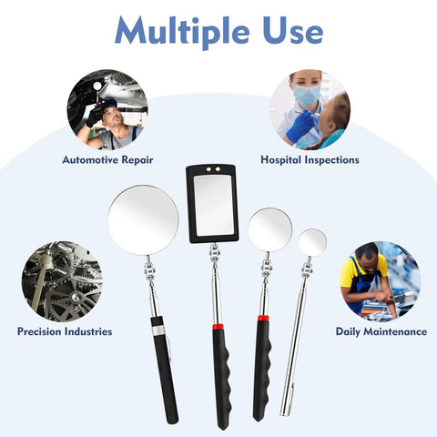 Four Pack Telescoping Inspection Mirror Set With LED Lights 360 Degree Rotation Extendable Mirrors for auto and home use.