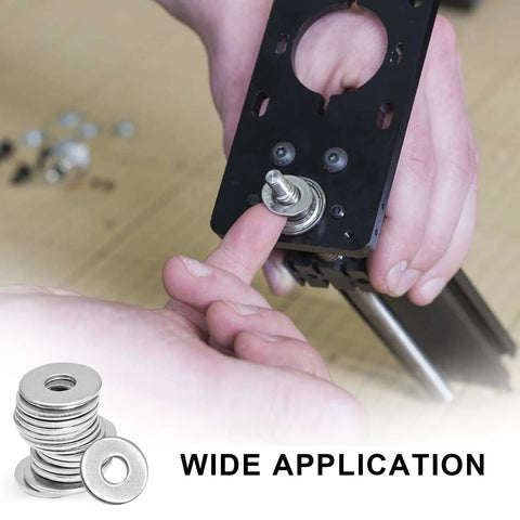 Installed view: M4 stainless steel flat washer, 12mm OD, 1mm thick, being fitted onto a bolt on a mounting plate.