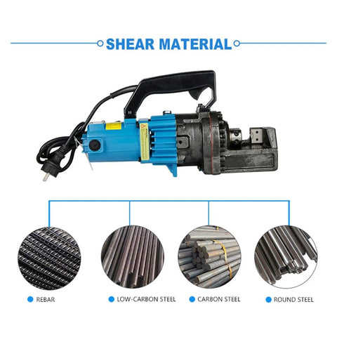 Fast Portable Electric Hydraulic Rebar Cutter 4-25mm Steel Bar Shears showing rebar and steel cutting capability.