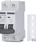 Top Shelf 16 Amp 2 Pole Miniature Circuit Breaker For 120V And 240V AC Systems Featuring Real Deal Din Rail Compatibility and Gutsy Thermal Magnetic Protection on a white background.