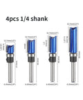 Get Ready For A Flawless Finish With This 4 Pcs Flush Trim Router Bit Set Featuring Versatile Shanks And Smooth Bearings To Perfectly Match Veneer And Laminate Edges On Any Custom Cabinetry Or Furniture Project Today, showcasing four router bits with 1/4 inch shanks and detailed measurements.