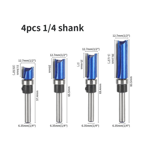 Get Ready For A Flawless Finish With This 4 Pcs Flush Trim Router Bit Set Featuring Versatile Shanks And Smooth Bearings To Perfectly Match Veneer And Laminate Edges On Any Custom Cabinetry Or Furniture Project Today, showcasing four router bits with 1/4 inch shanks and detailed measurements.
