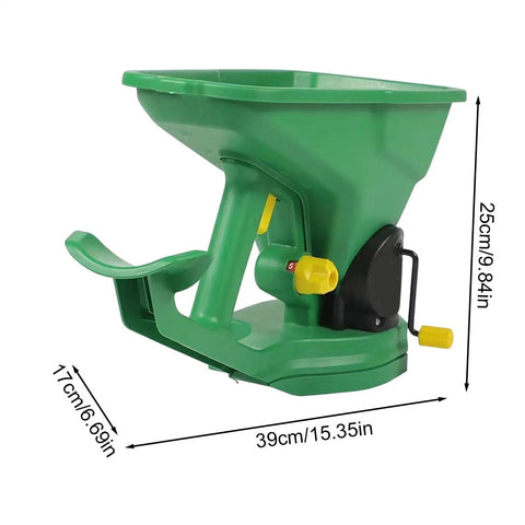 Effortless Hand Crank Seed Spreader 1.5L For Garden And Lawn, Portable Manual Seeder with gear adjustment, side view.