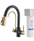 GIMILI 3 in 1 Kitchen Faucet with Water Filter and Pull Down Sprayer, black and gold finish, modern design
